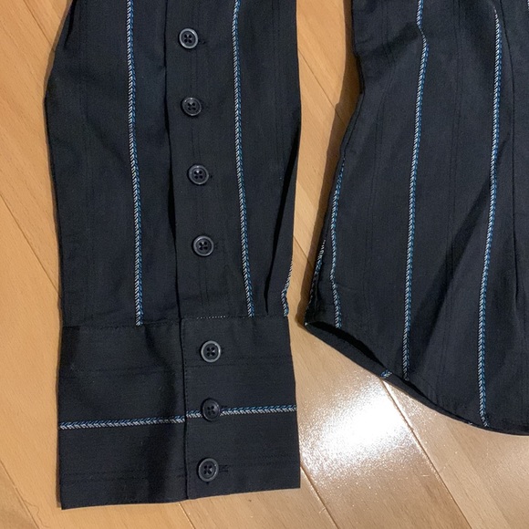 VEUC Le Chateau Button Up Blouse -Black w Blue & Silver Striped Detail - size L - Picture 2 of 14